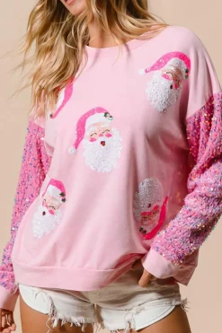 Clearance Dear-Lover Sequined Santa Claus Long Sleeve Christmas Sweatshirt Pink