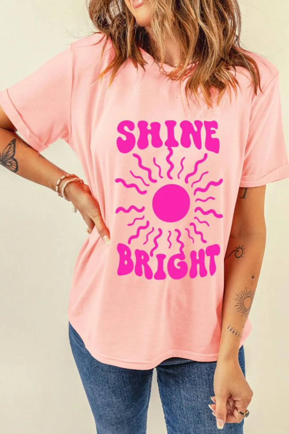 New Dear-Lover SHINE BRIGHT Graphic Casual Tee Pink