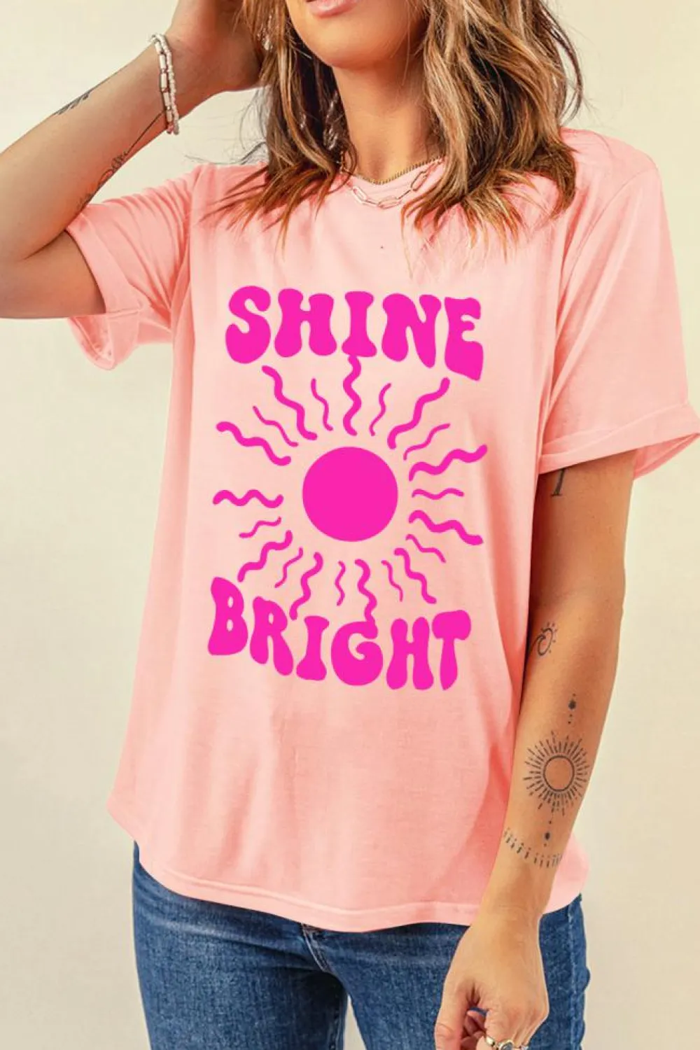 New Dear-Lover SHINE BRIGHT Graphic Casual Tee Pink