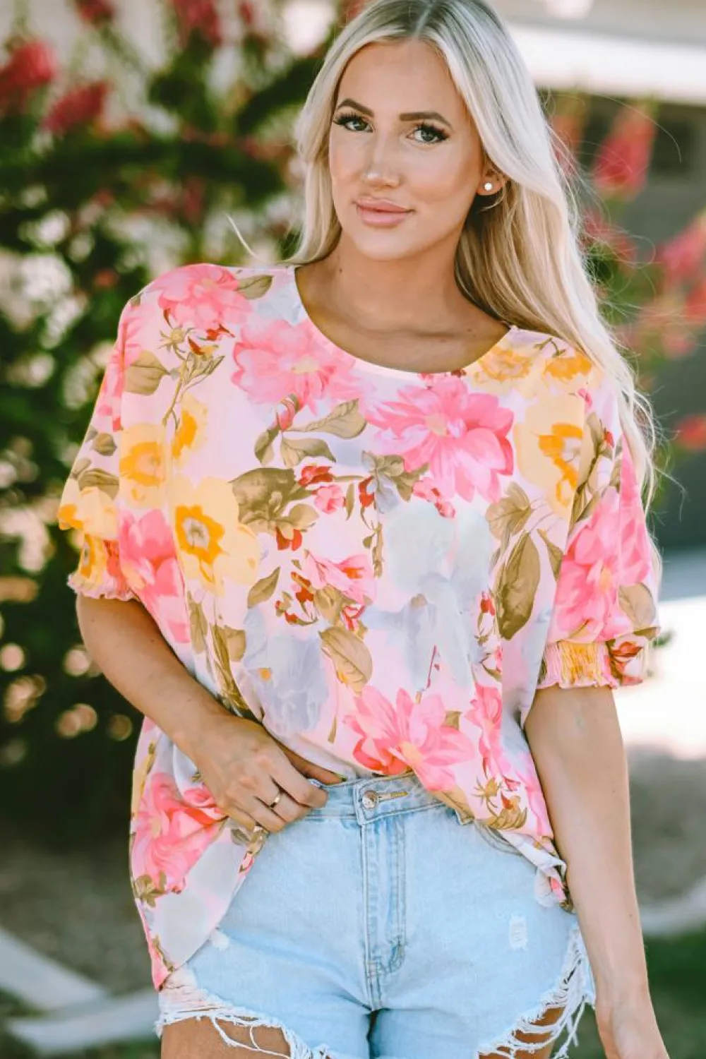 Sale Dear-Lover Shirred Cuff 3/4 Sleeve Loose Fit Floral Blouse Pink