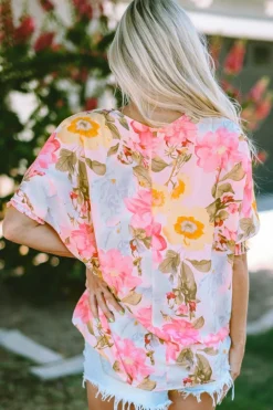 Sale Dear-Lover Shirred Cuff 3/4 Sleeve Loose Fit Floral Blouse Pink
