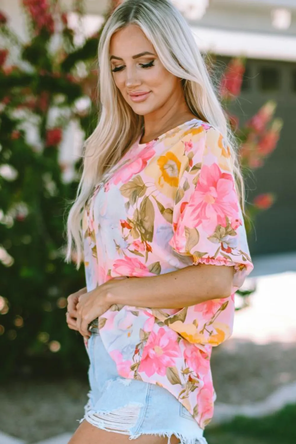 Sale Dear-Lover Shirred Cuff 3/4 Sleeve Loose Fit Floral Blouse Pink