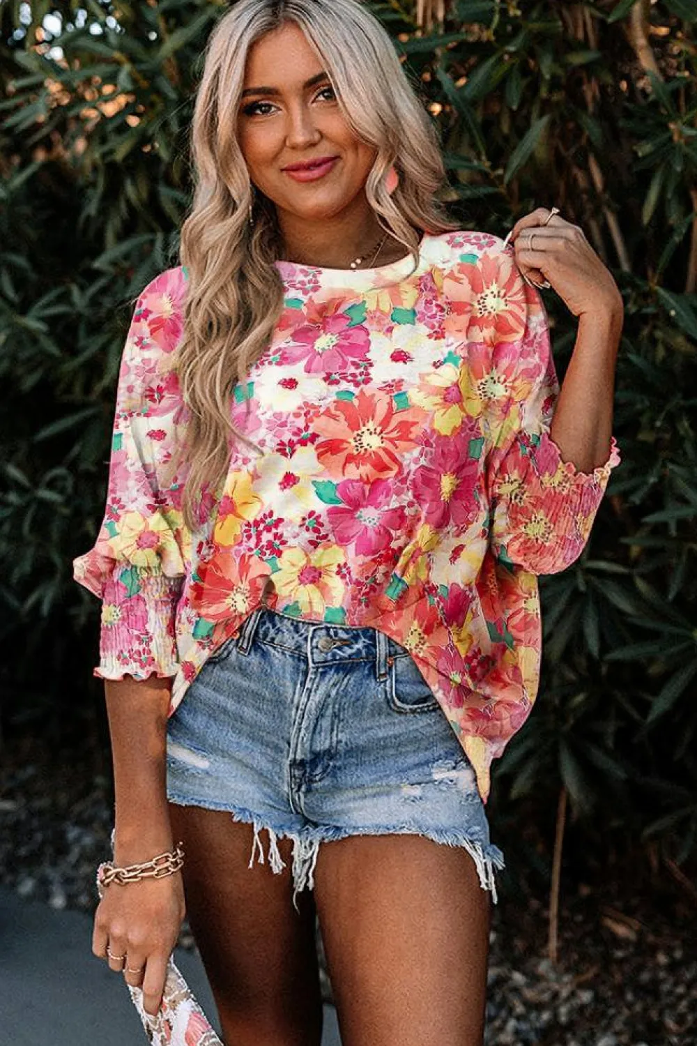 Outlet Dear-Lover Shirred Cuffs 3/4 Sleeve Floral Blouse Pink
