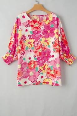 Outlet Dear-Lover Shirred Cuffs 3/4 Sleeve Floral Blouse Pink