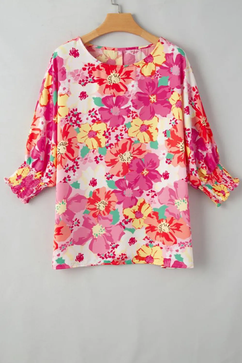 Outlet Dear-Lover Shirred Cuffs 3/4 Sleeve Floral Blouse Pink