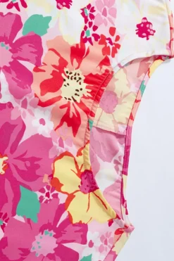 Outlet Dear-Lover Shirred Cuffs 3/4 Sleeve Floral Blouse Pink
