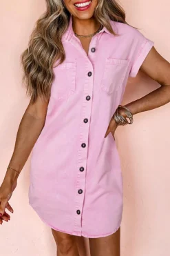 Outlet Dear-Lover Short Sleeve Double Chest Pocket Denim Shirt Dress Pink