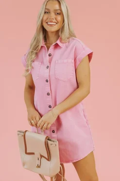 Outlet Dear-Lover Short Sleeve Double Chest Pocket Denim Shirt Dress Pink