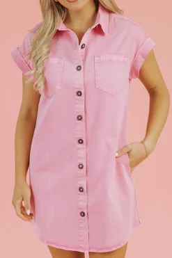 Outlet Dear-Lover Short Sleeve Double Chest Pocket Denim Shirt Dress Pink