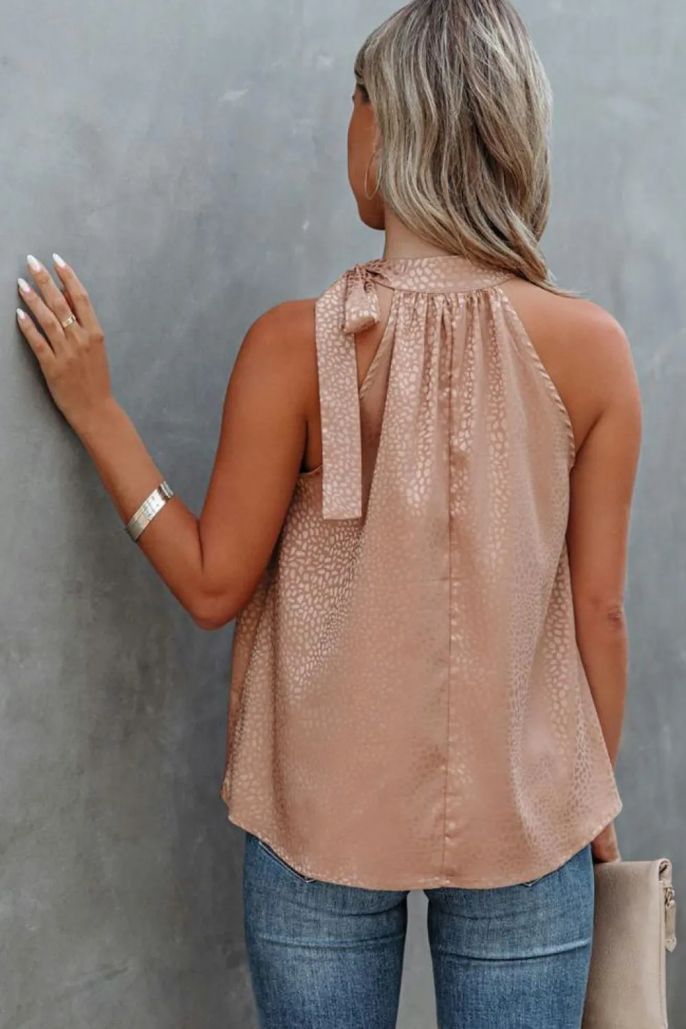 Online Dear-Lover Sleeveless Tie Mock Neck Leopard Tank Top Pink