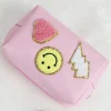 Clearance Dear-Lover Smiley Face Chenille Patched PU Zipper Makeup Bag Pink