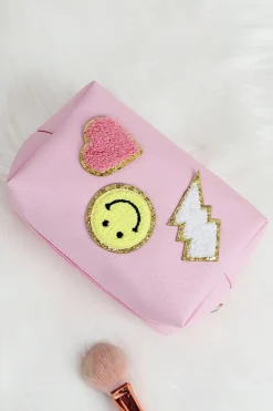 Clearance Dear-Lover Smiley Face Chenille Patched PU Zipper Makeup Bag Pink