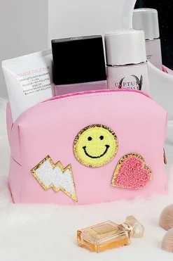 Clearance Dear-Lover Smiley Face Chenille Patched PU Zipper Makeup Bag Pink