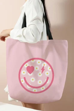 Online Dear-Lover Smiley Face Daisy Print Canvas Large Capacity Tote Bag Pink
