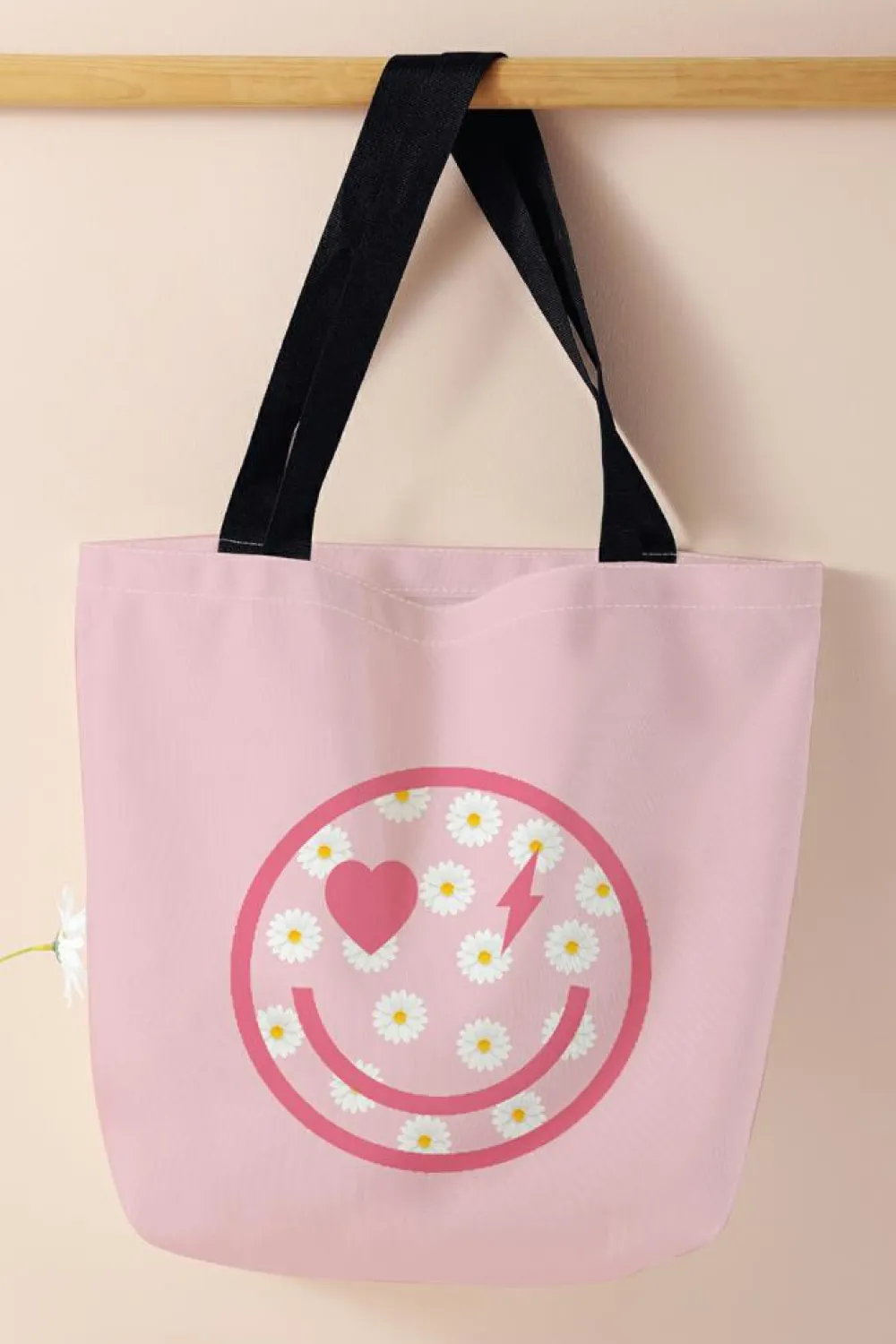 Online Dear-Lover Smiley Face Daisy Print Canvas Large Capacity Tote Bag Pink