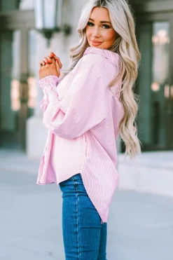 Outlet Dear-Lover Smocked Cuffed Striped Boyfriend Shirt with Pocket Pink