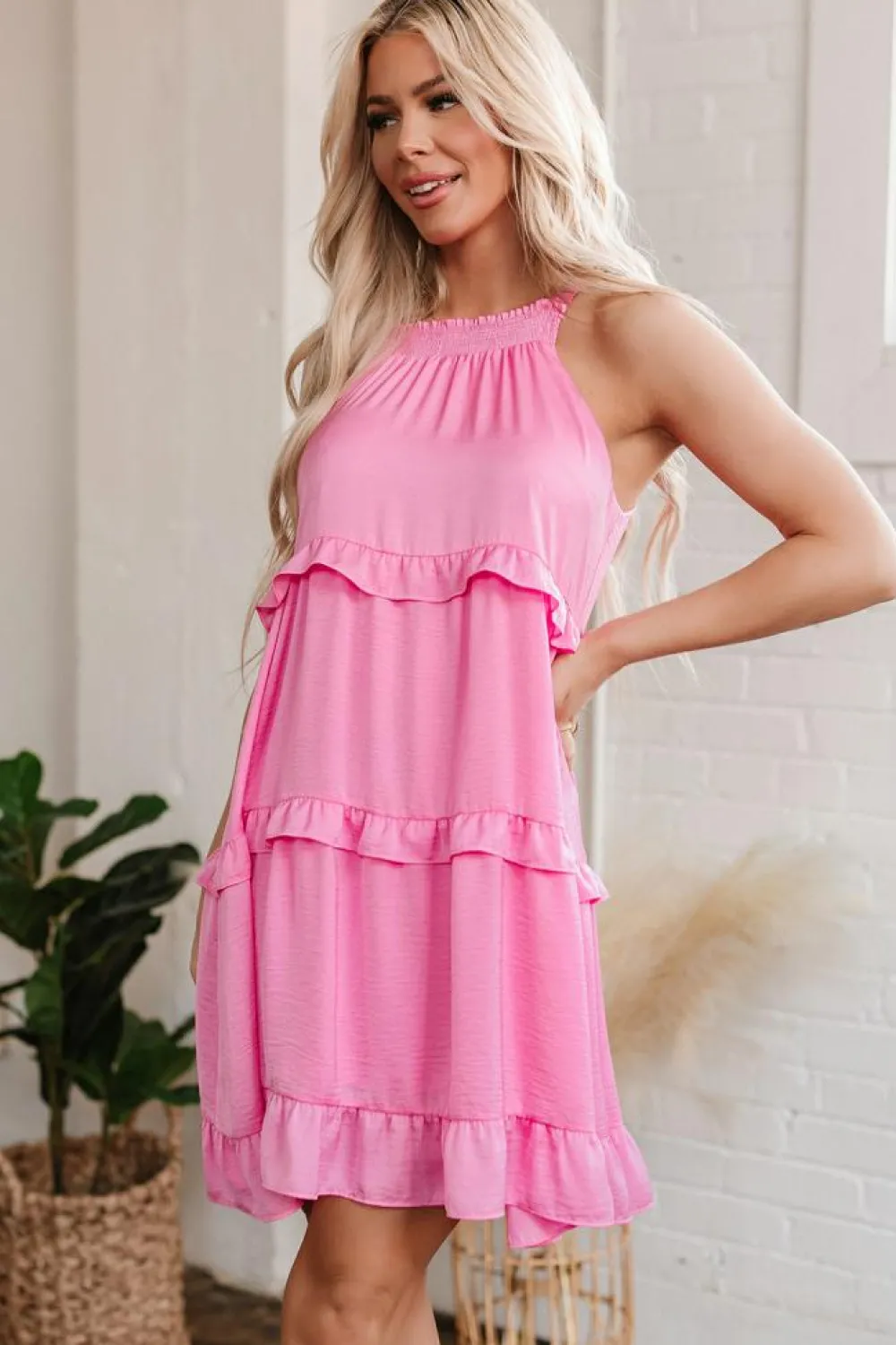 Fashion Dear-Lover Smocked Neck Knot Back Frilly Tiered Sleeveless Mini Dress Pink