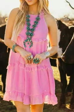 Fashion Dear-Lover Smocked Neck Knot Back Frilly Tiered Sleeveless Mini Dress Pink