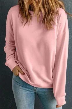 New Dear-Lover Solid Classic Crewneck Pullover Sweatshirt Pink
