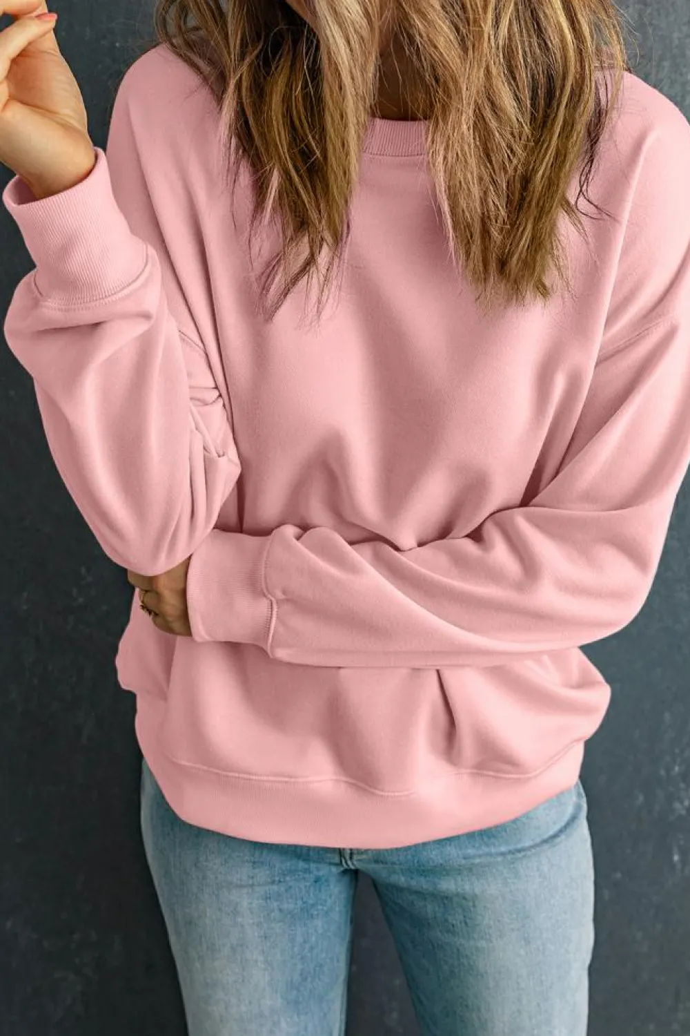 New Dear-Lover Solid Classic Crewneck Pullover Sweatshirt Pink