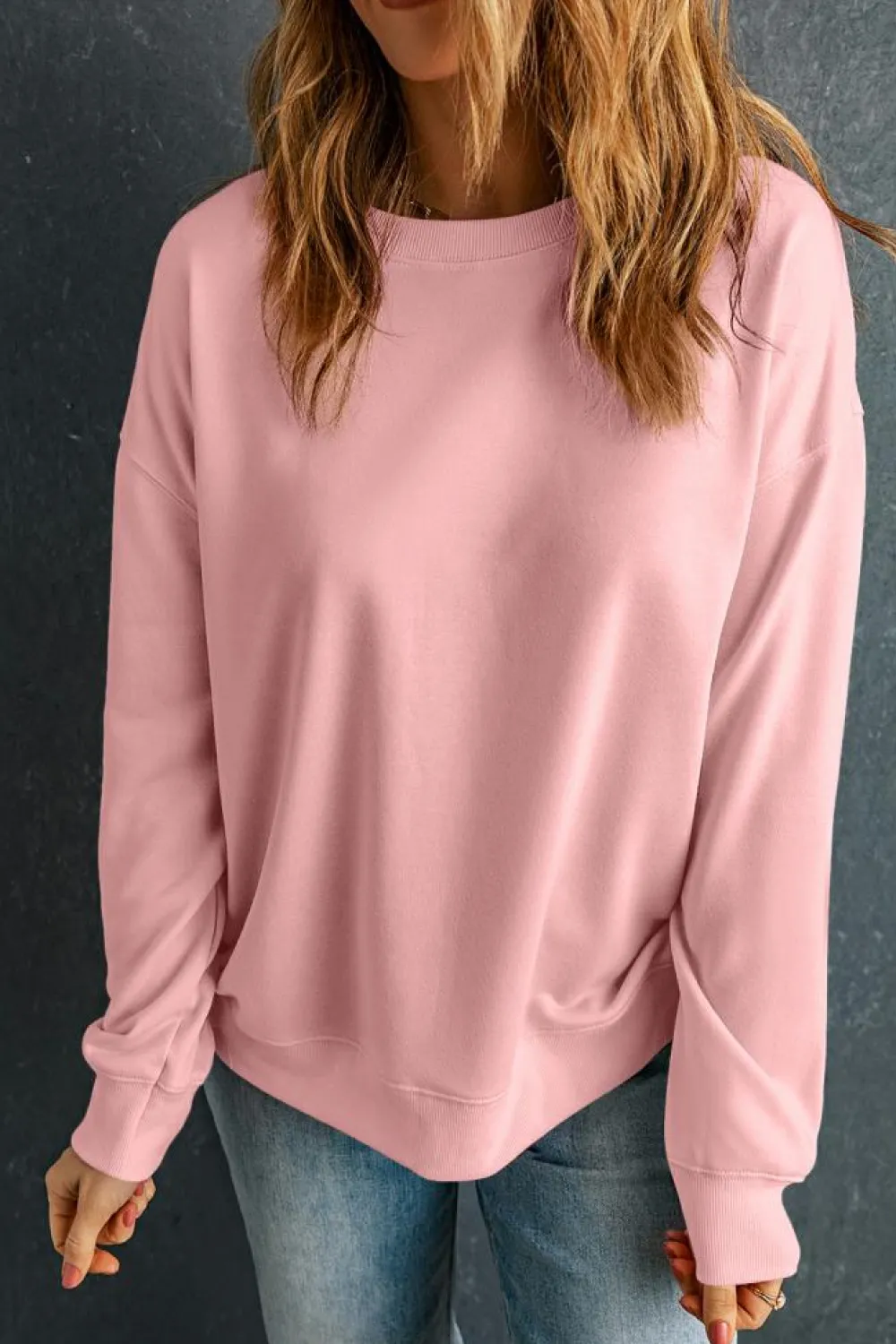 New Dear-Lover Solid Classic Crewneck Pullover Sweatshirt Pink
