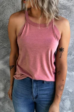 Discount Dear-Lover Solid Color Crew Neck Tank Top Pink