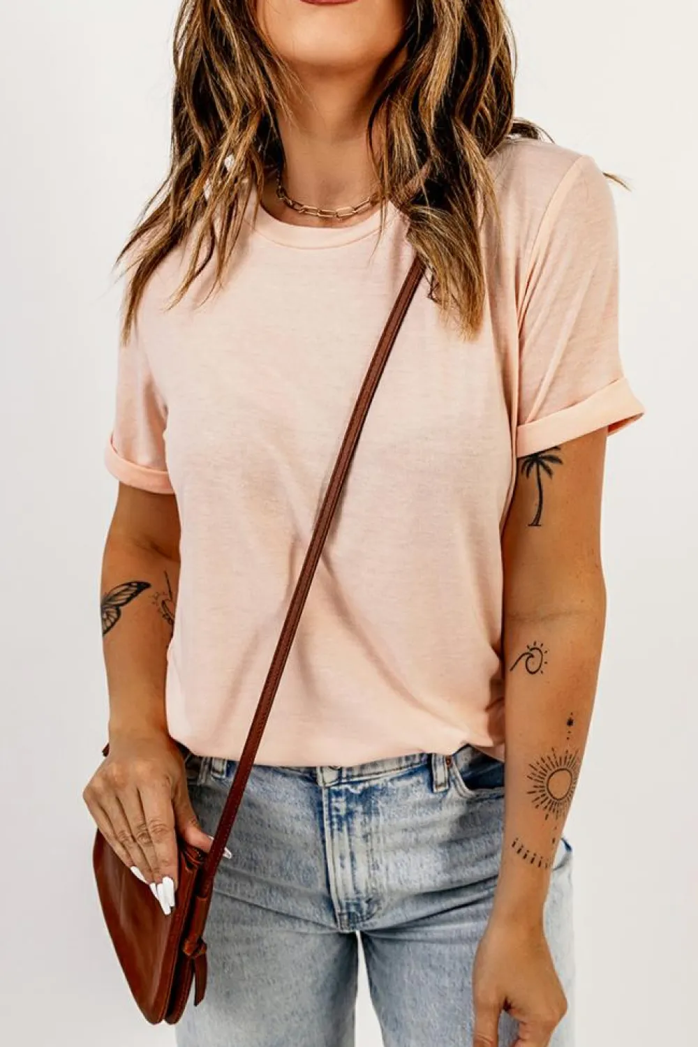 Clearance Dear-Lover Solid Color Crew Neck Tee Pink