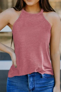 Discount Dear-Lover Solid Color Crew Neck Tank Top Pink