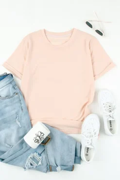 Clearance Dear-Lover Solid Color Crew Neck Tee Pink