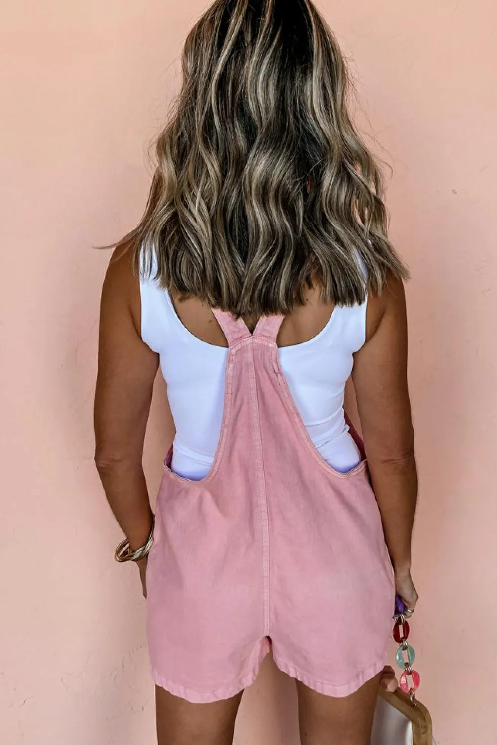 Outlet Dear-Lover Solid Color Knot Straps Denim Romper with Pockets Pink