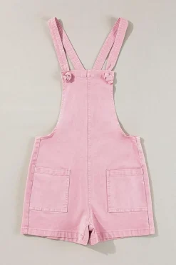 Outlet Dear-Lover Solid Color Knot Straps Denim Romper with Pockets Pink