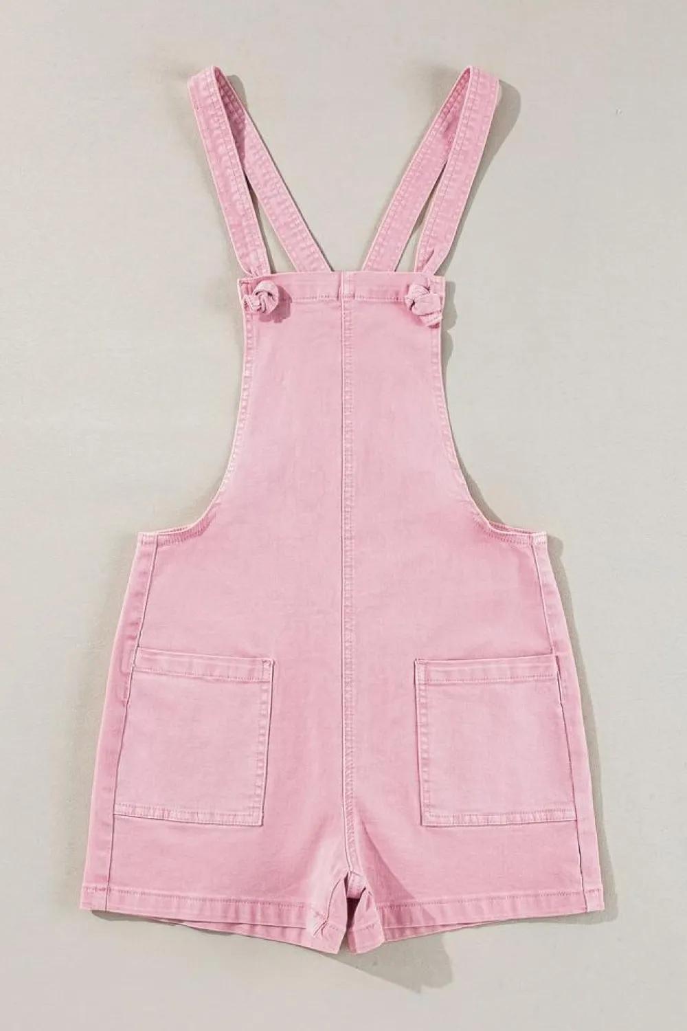 Outlet Dear-Lover Solid Color Knot Straps Denim Romper with Pockets Pink