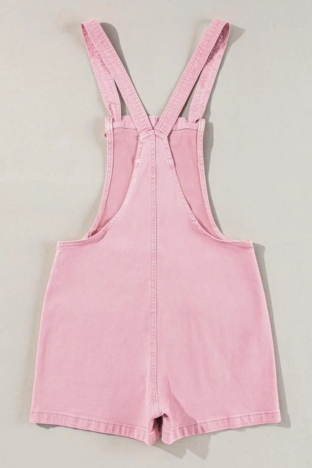 Outlet Dear-Lover Solid Color Knot Straps Denim Romper with Pockets Pink