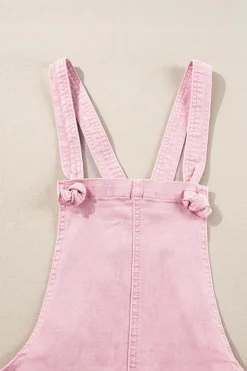 Outlet Dear-Lover Solid Color Knot Straps Denim Romper with Pockets Pink