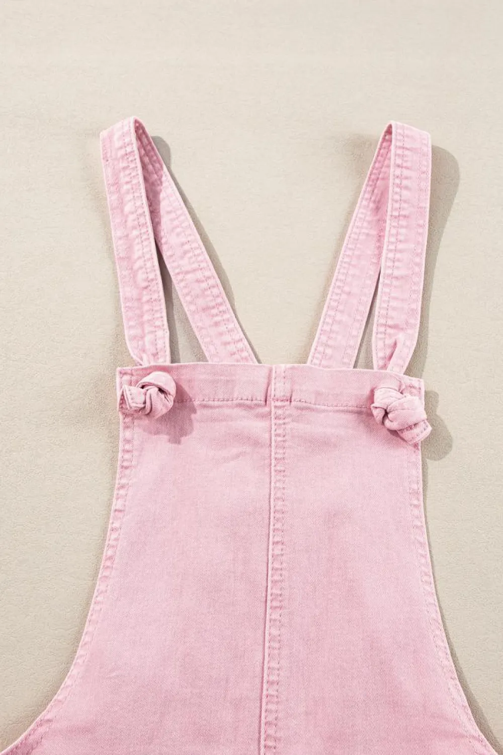 Outlet Dear-Lover Solid Color Knot Straps Denim Romper with Pockets Pink