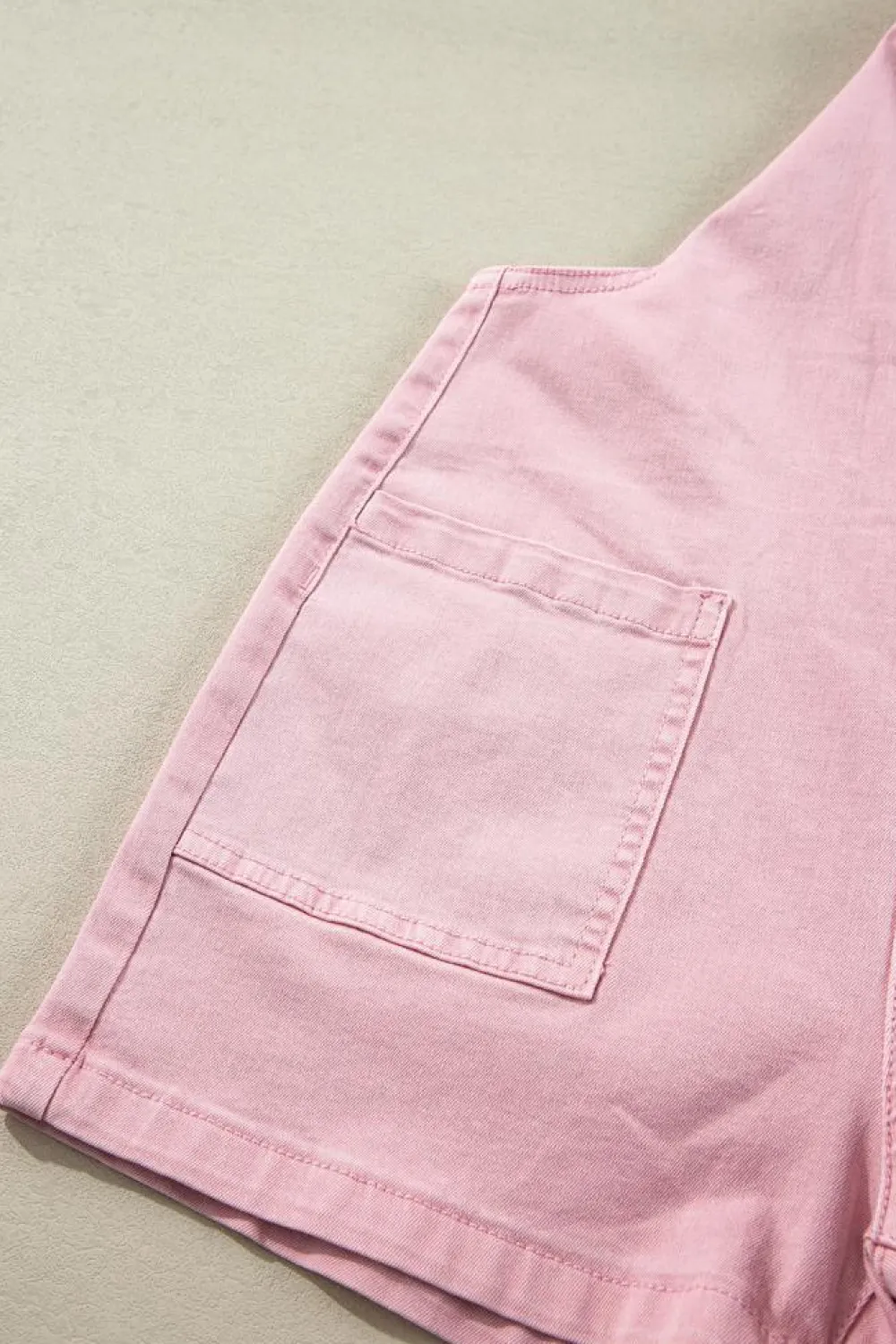 Outlet Dear-Lover Solid Color Knot Straps Denim Romper with Pockets Pink