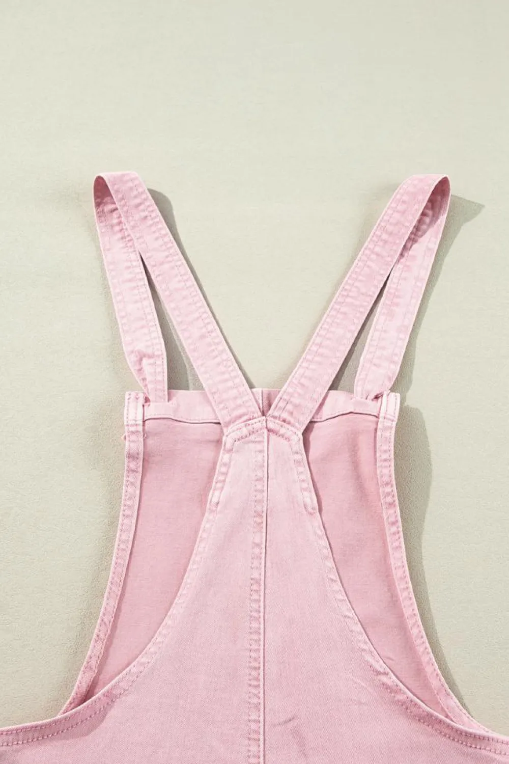 Outlet Dear-Lover Solid Color Knot Straps Denim Romper with Pockets Pink