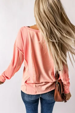 Discount Dear-Lover Solid Color Patchwork Long Sleeve Top Pink