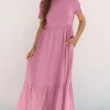Outlet Dear-Lover Solid Color T-shirt High Waist Pocketed Long Dress Pink