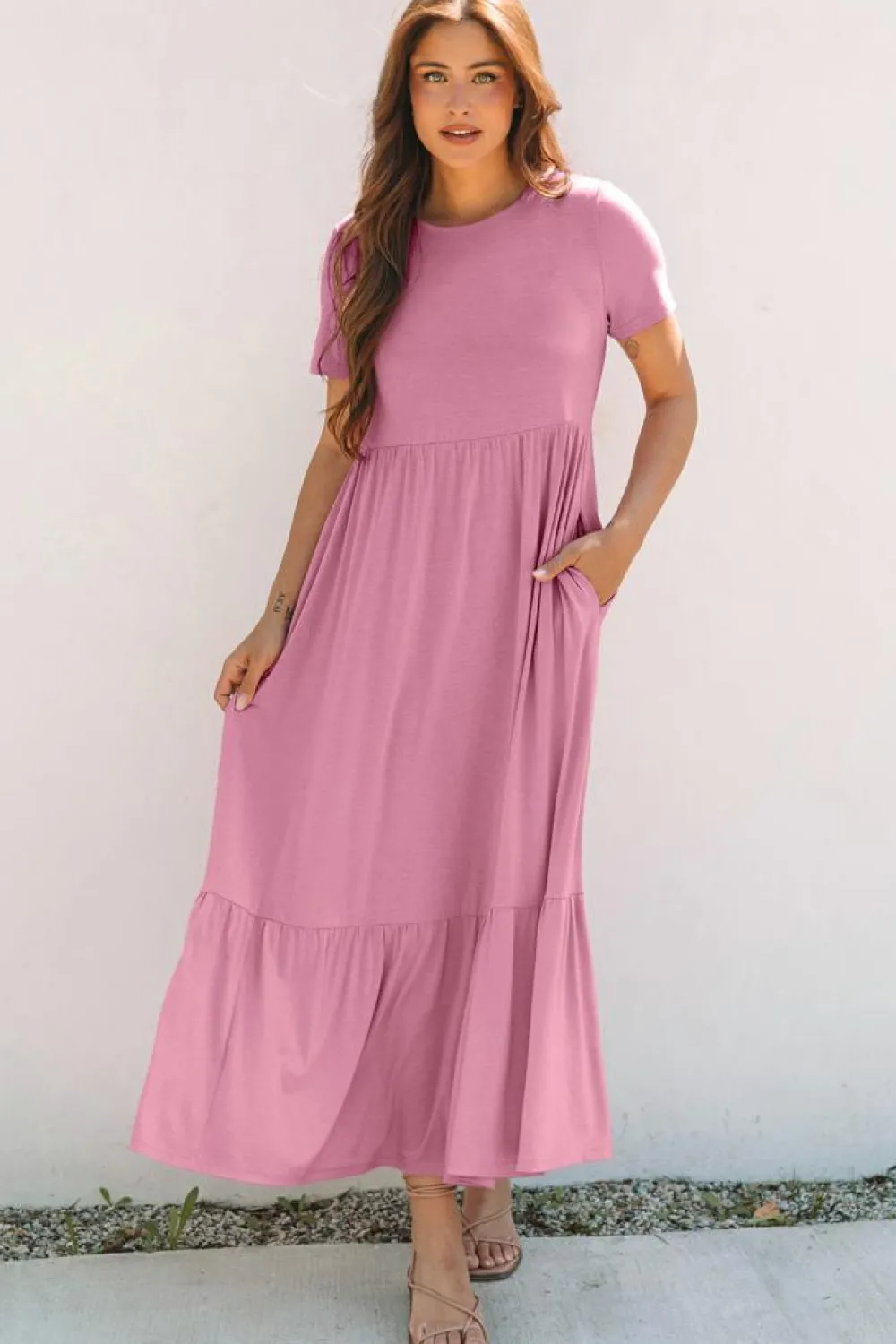 Outlet Dear-Lover Solid Color T-shirt High Waist Pocketed Long Dress Pink