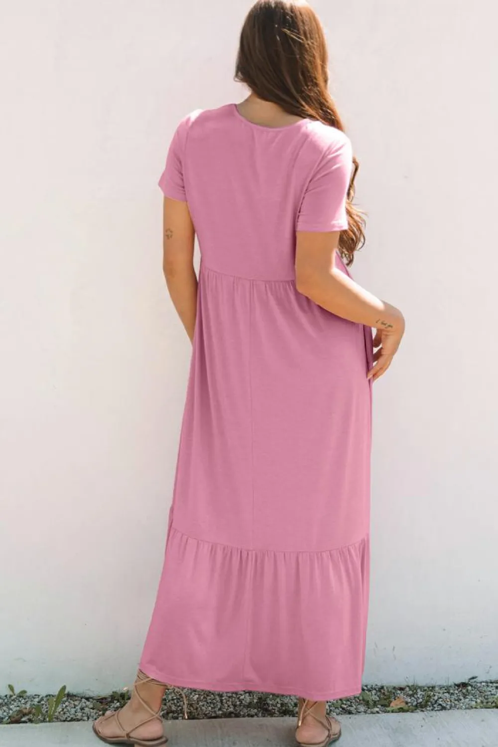 Outlet Dear-Lover Solid Color T-shirt High Waist Pocketed Long Dress Pink