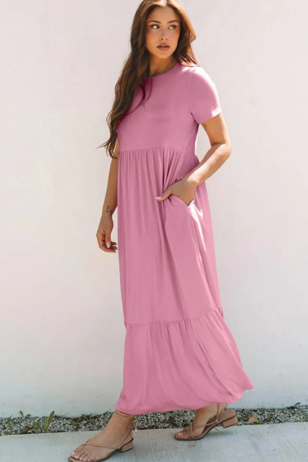 Outlet Dear-Lover Solid Color T-shirt High Waist Pocketed Long Dress Pink
