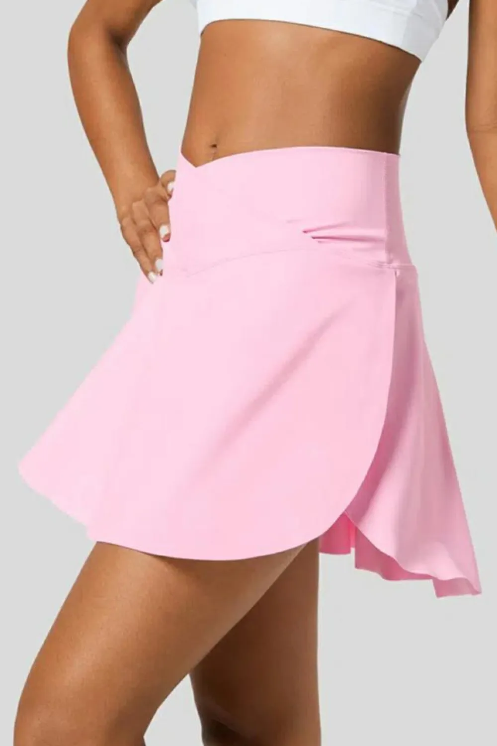 Clearance Dear-Lover Solid Pocketed Crossover High Waist Swim Skort Pink