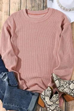 Outlet Dear-Lover Solid Ribbed Knit Round Neck Pullover Sweatshirt Pink
