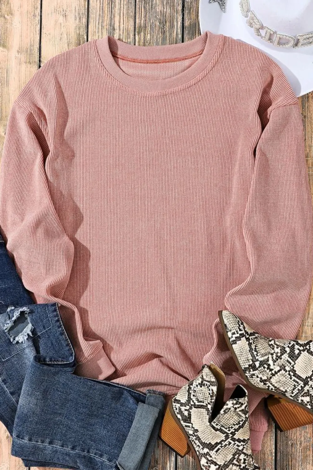 Outlet Dear-Lover Solid Ribbed Knit Round Neck Pullover Sweatshirt Pink