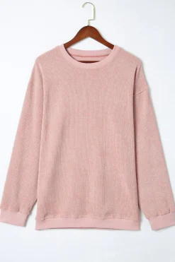 Outlet Dear-Lover Solid Ribbed Knit Round Neck Pullover Sweatshirt Pink