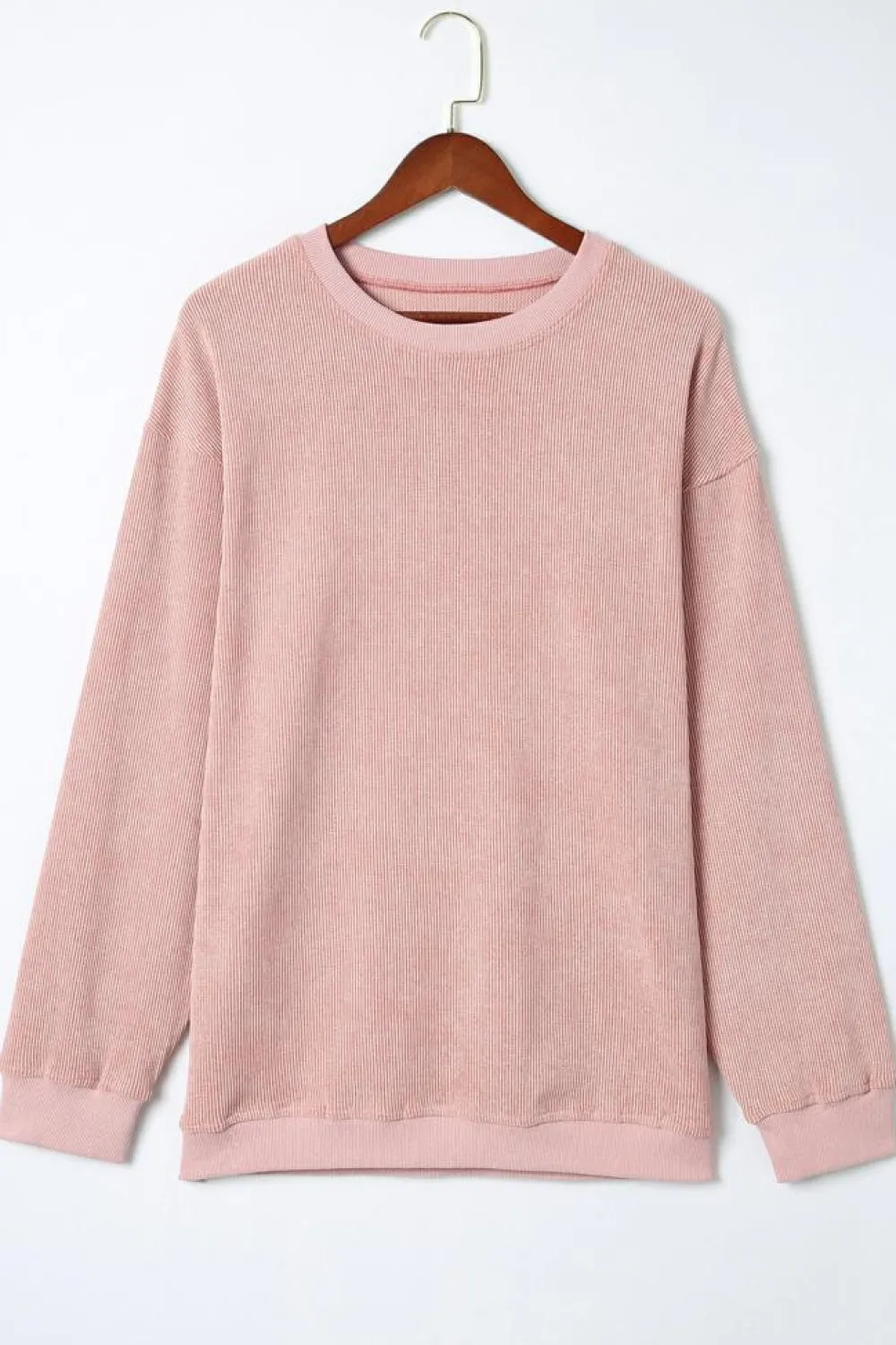 Outlet Dear-Lover Solid Ribbed Knit Round Neck Pullover Sweatshirt Pink
