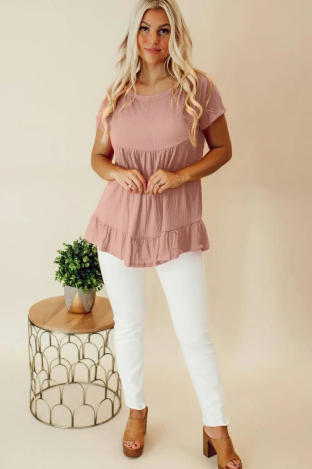 Best Dear-Lover Solid Short Sleeve Ruffle Hem Top Pink