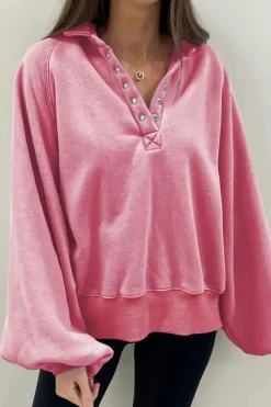 Online Dear-Lover Solid Snap Buttons Collared Balloon Sleeve Oversized Sweatshirt Pink