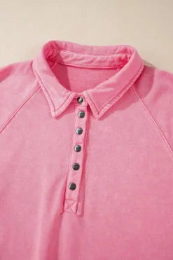 Online Dear-Lover Solid Snap Buttons Collared Balloon Sleeve Oversized Sweatshirt Pink